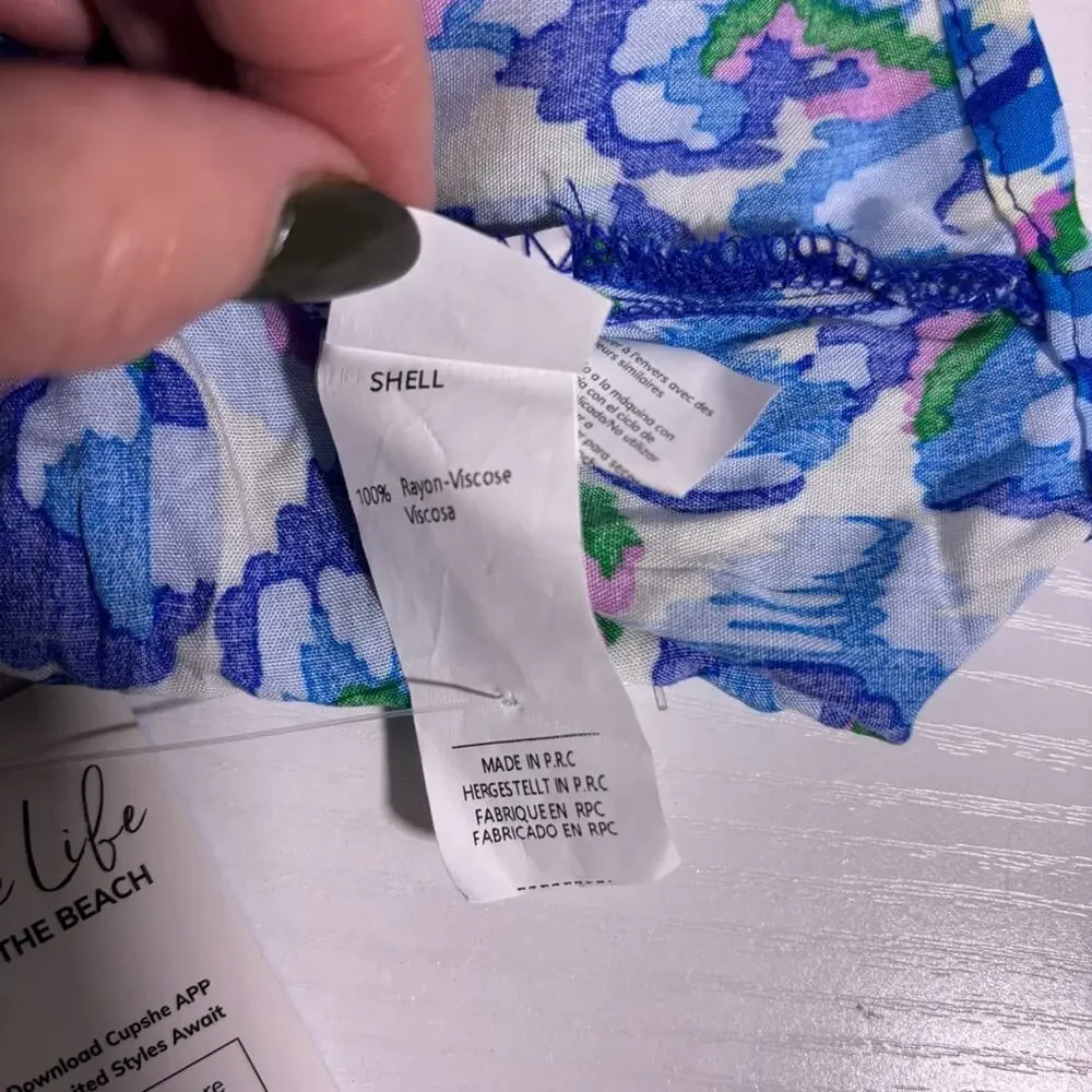 NWT Cupshe Blue Pink Green Abstract Print V-neck Drawstring Swim Romper XL 1251